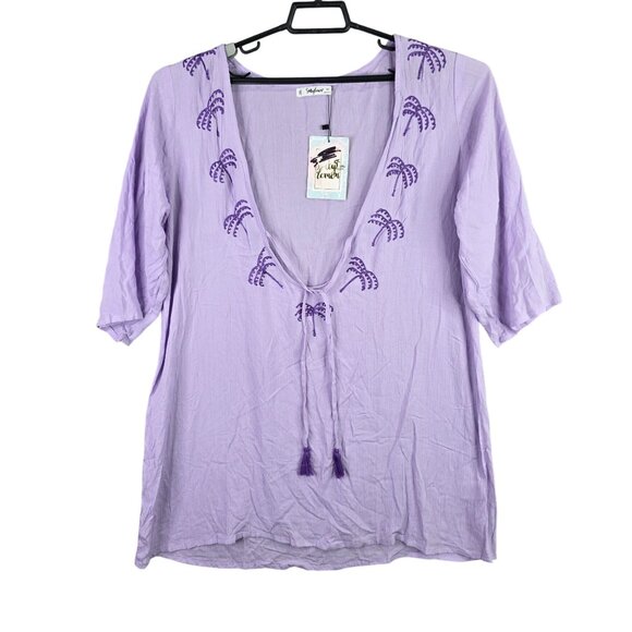 Womens Salty Lemon Purple Plunge Neck Tunic Blouse Short Sleeve Cover Up Size XL - Picture 1 of 8